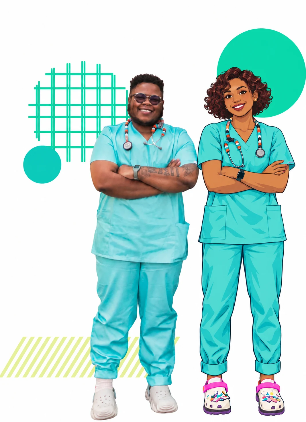 Dr Anele with a fictional illustrated care character